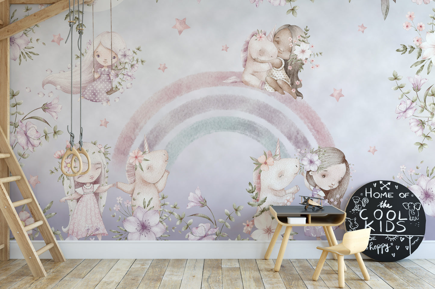 Whimsical mural wallpaper with dreamy rainbow and flowers.