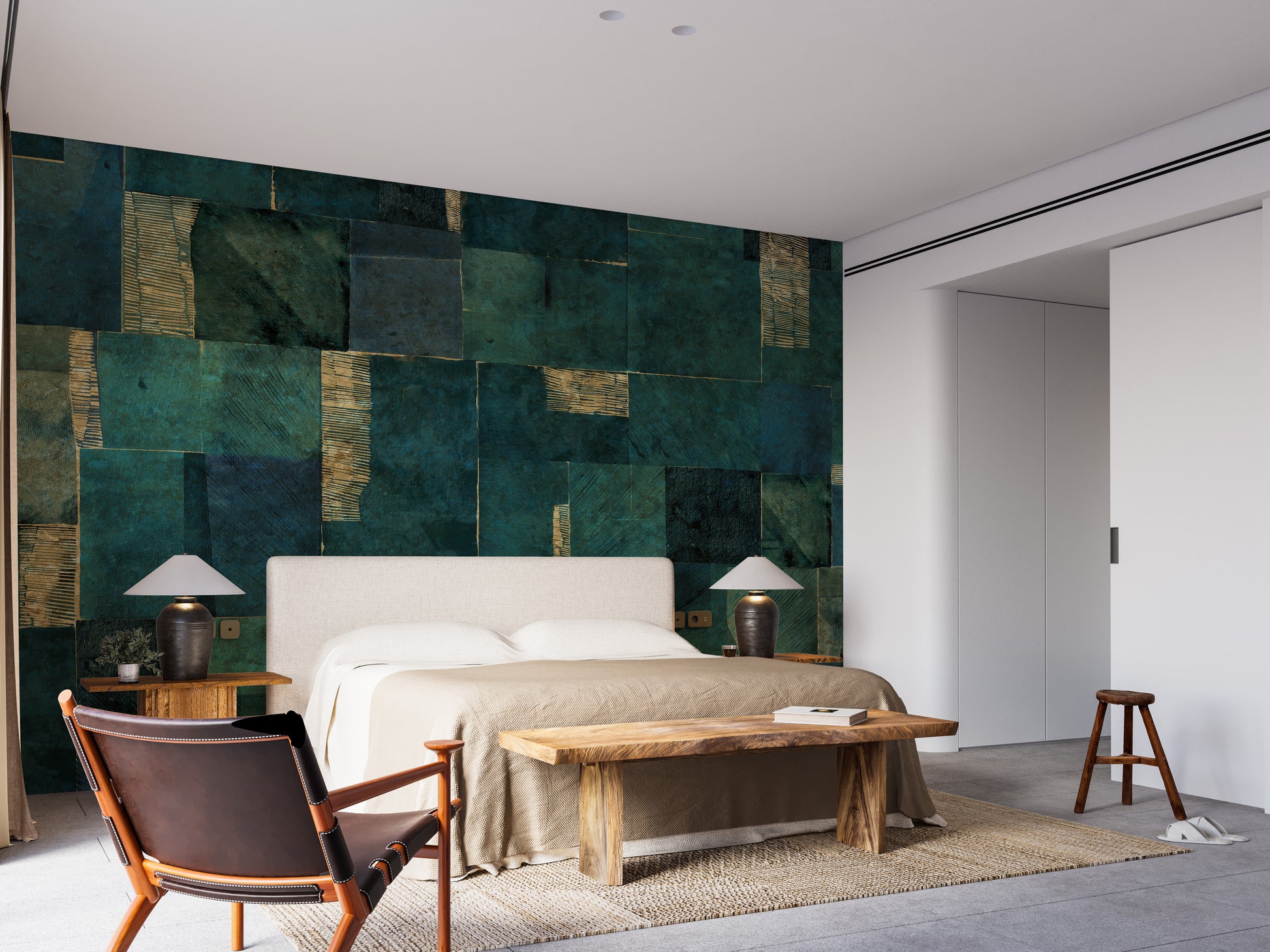 Abstract green geometric wallpaper perfect for luxury interiors.