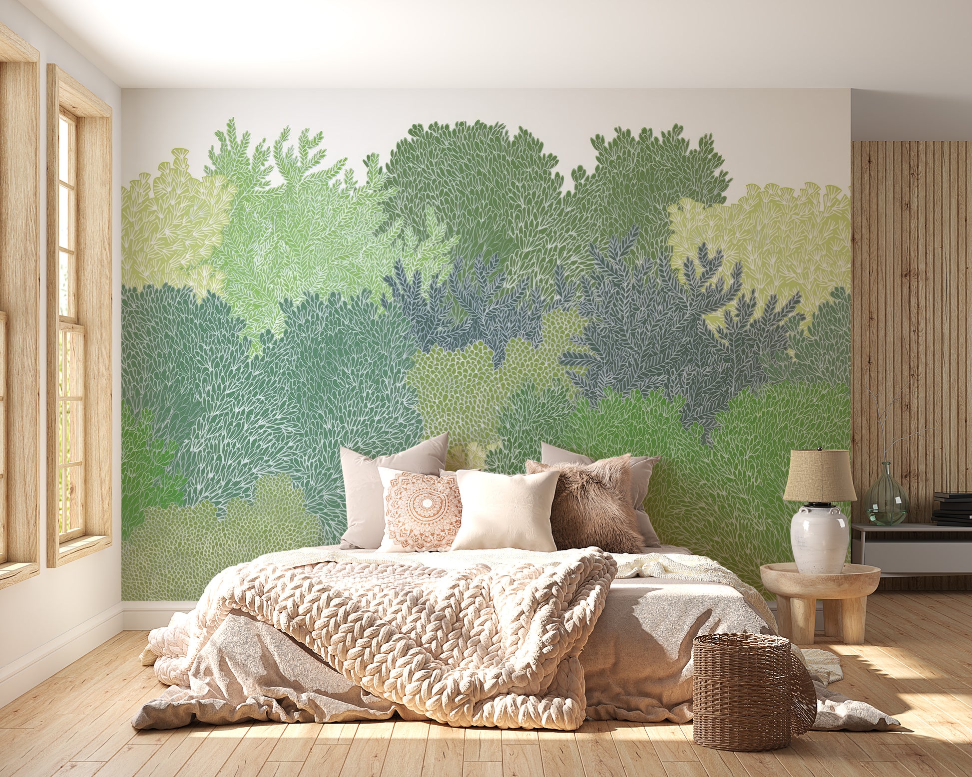 Green canopy wallpaper with detailed artistic leafwork