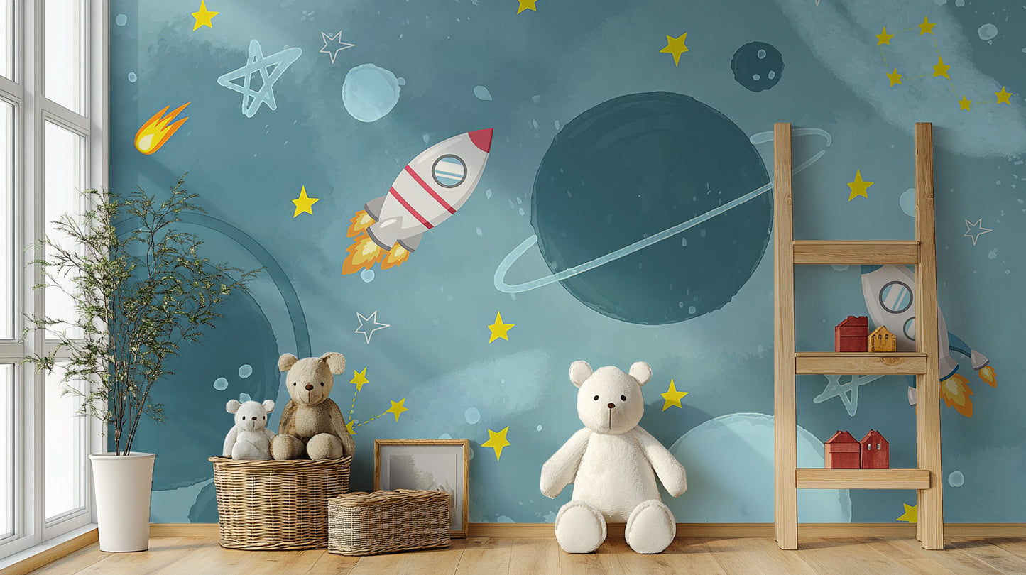 Galactic Adventure kids' room wallpaper for astronauts