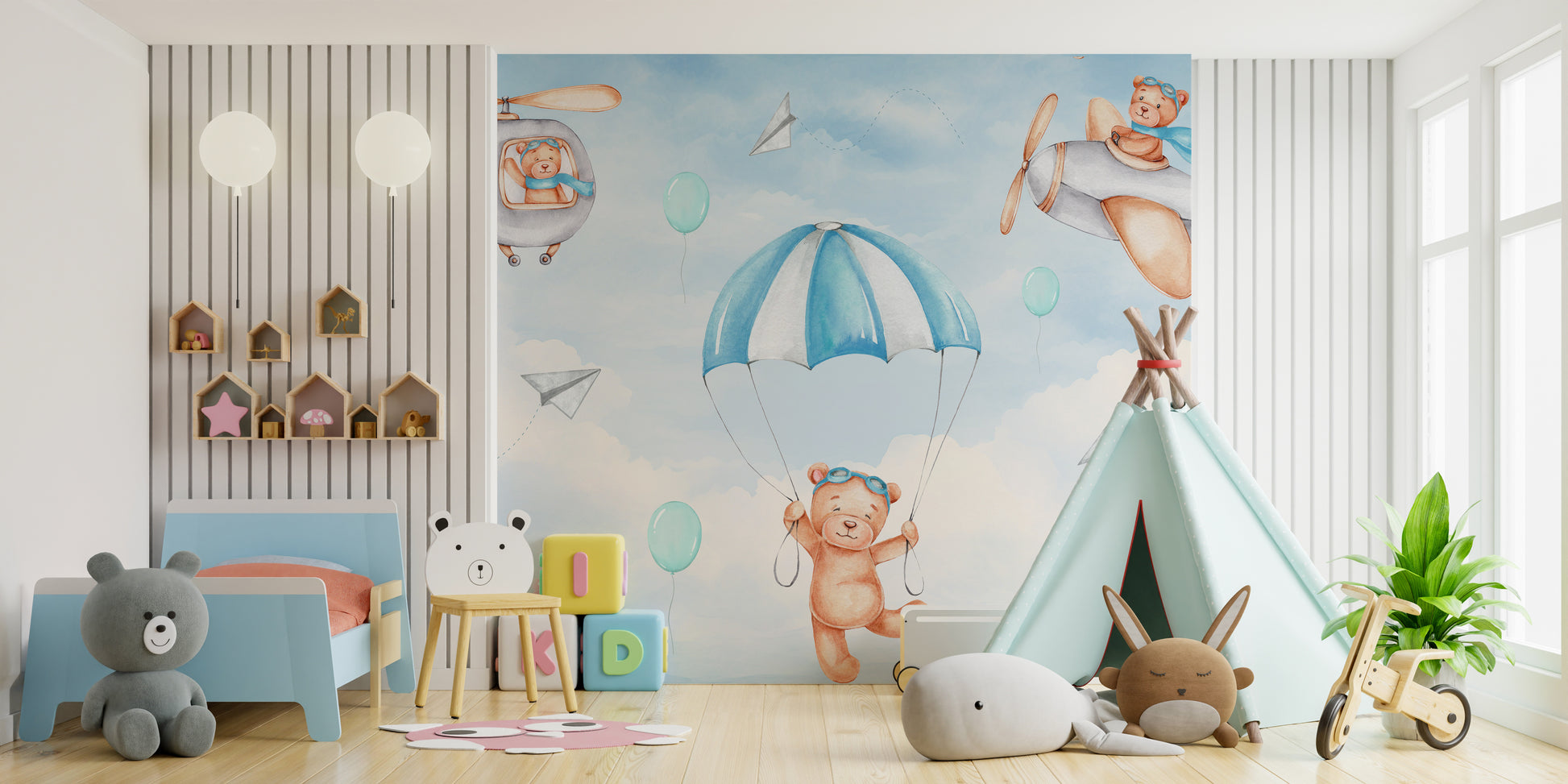 Parachuting teddy bear in a whimsical sky wallpaper