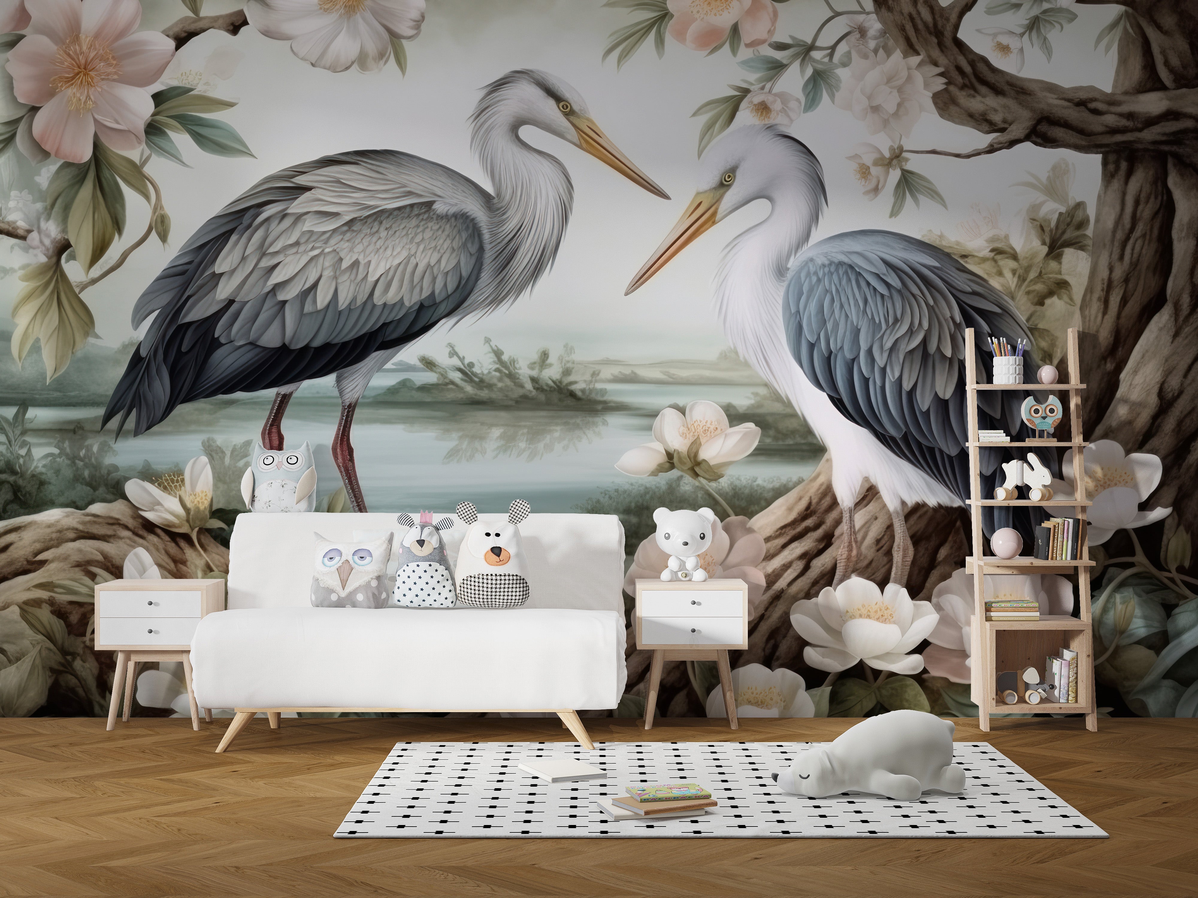 Heron and floral wallpaper for nature-inspired interiors