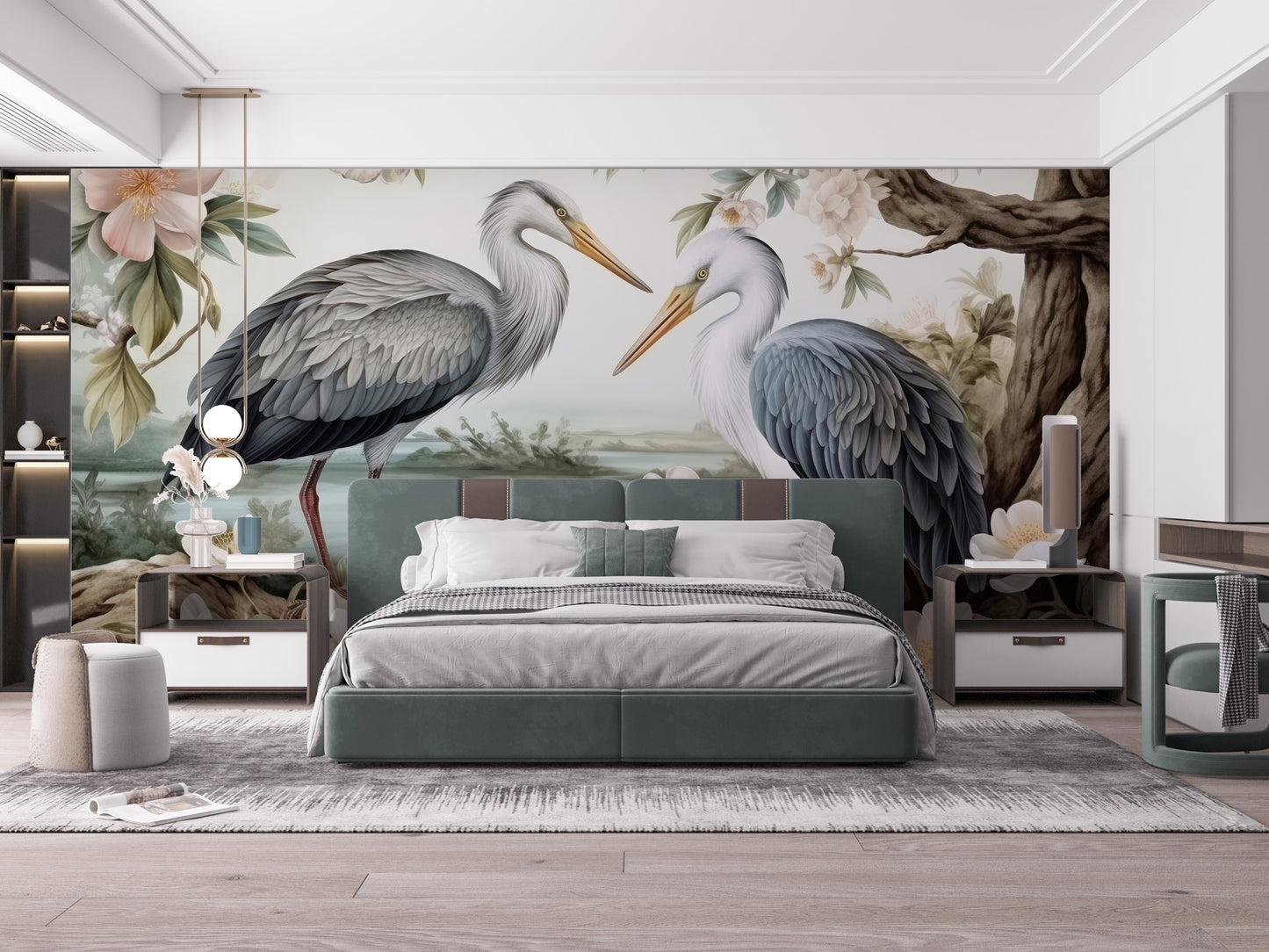 Scenic heron wallpaper mural for nature-inspired walls