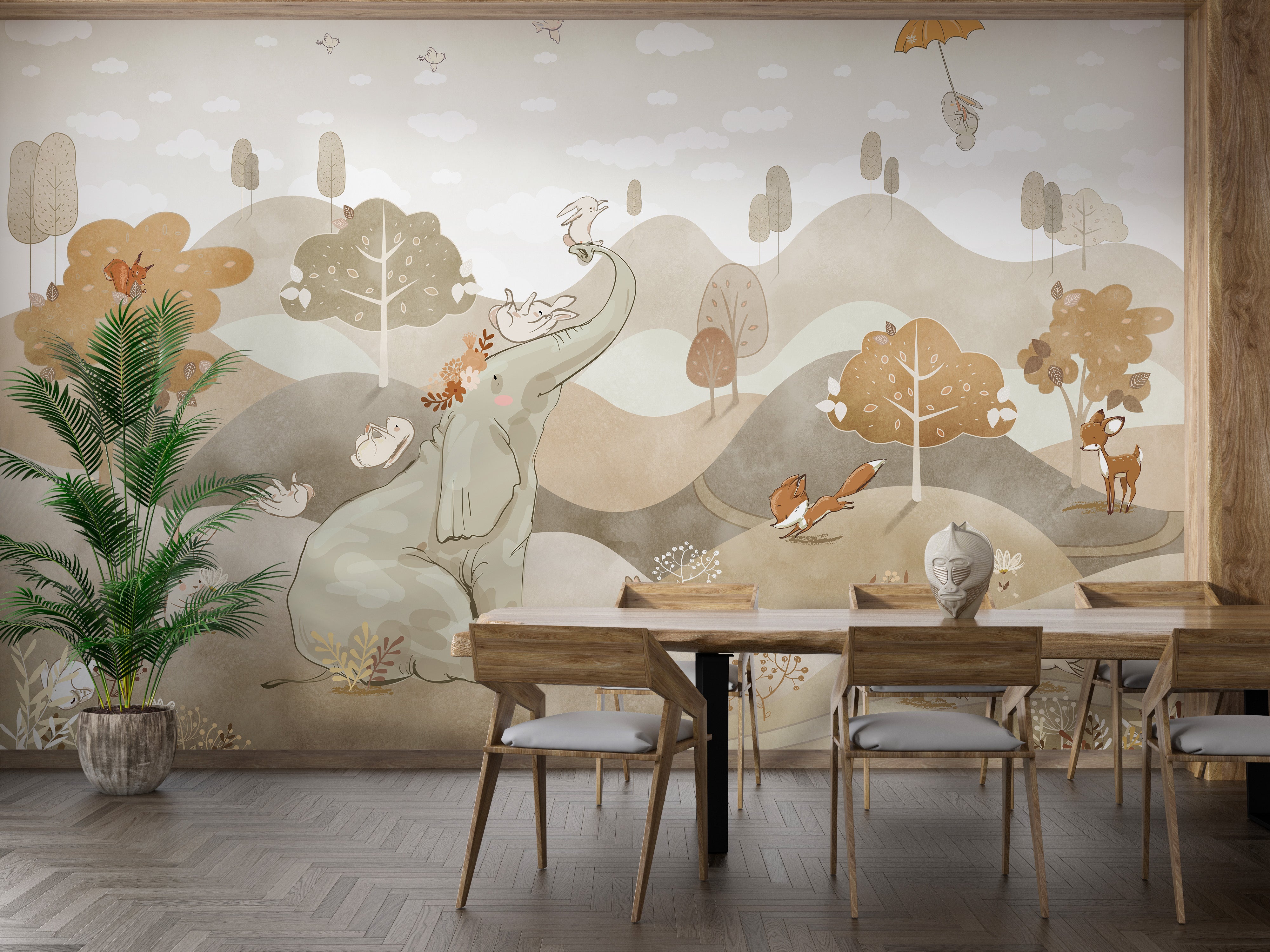 Kids room wallpaper featuring animals and scenic hills