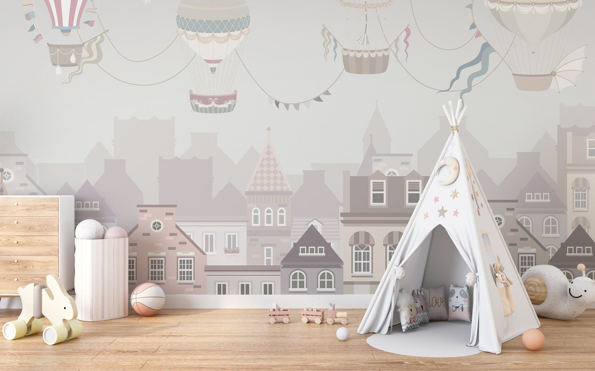 Vintage balloon city wallpaper for kids' rooms