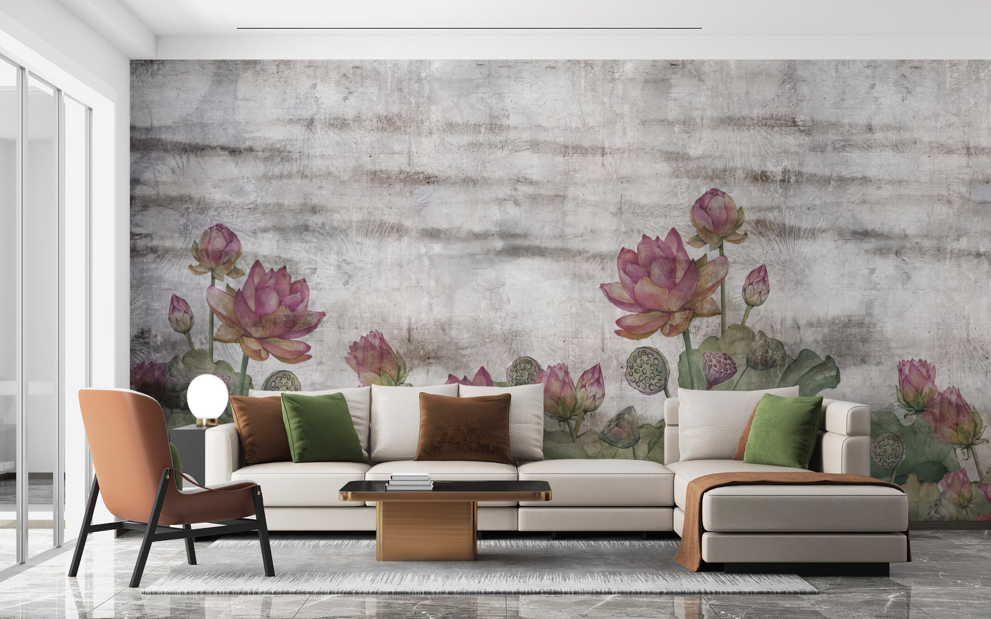 Detailed lotus flower mural with soft petals