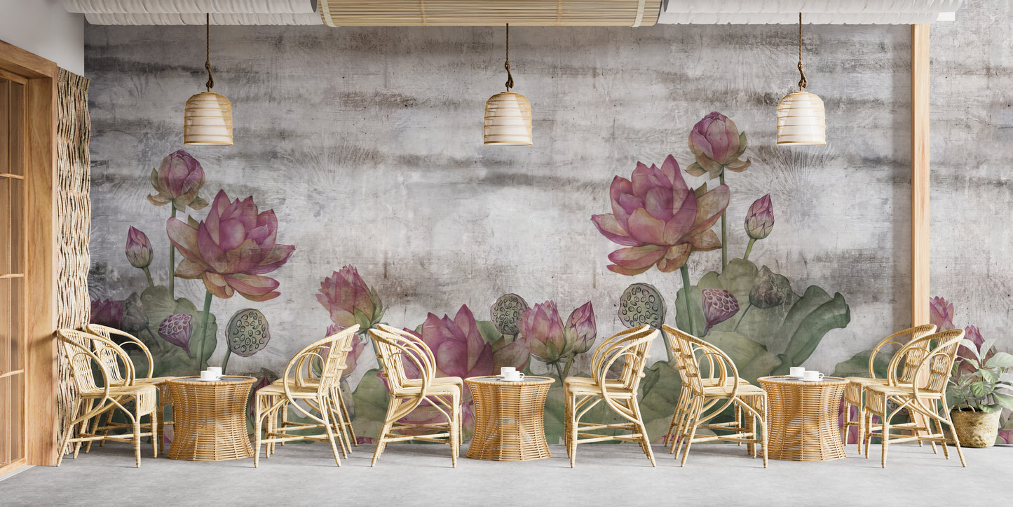 Lotus flower mural with calming tones