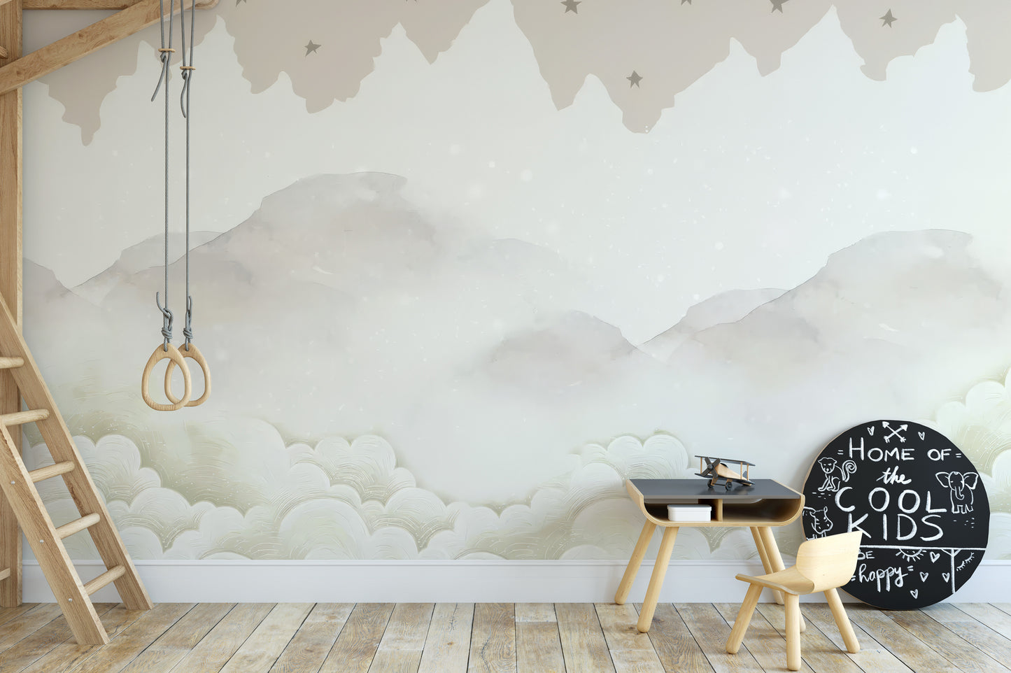 Serene mountain peaks mural with clouds