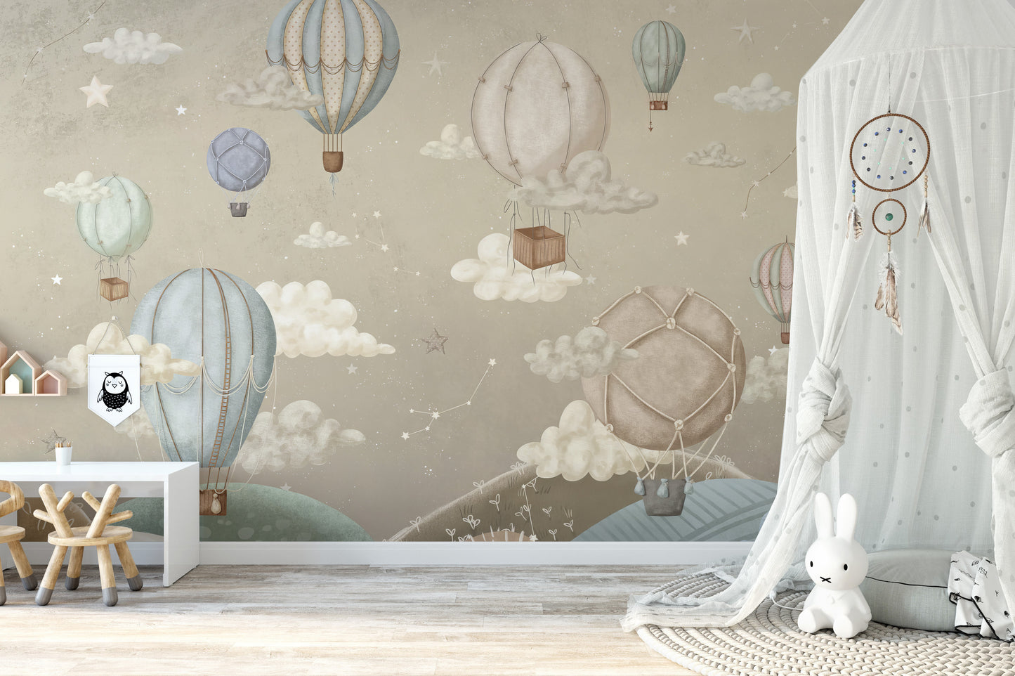 Sky full of whimsical balloons wallpaper design