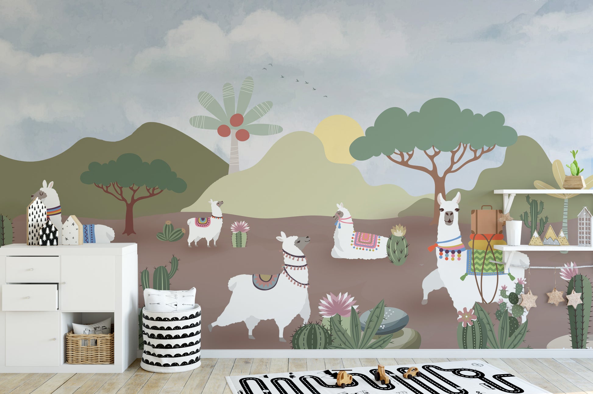 Fun alpaca desert mural with vibrant colors