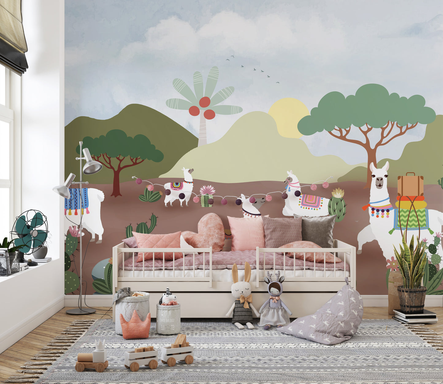 Whimsical alpacas and cactus wallpaper mural