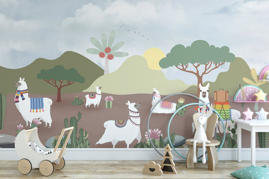 Playful alpacas in the desert wallpaper design