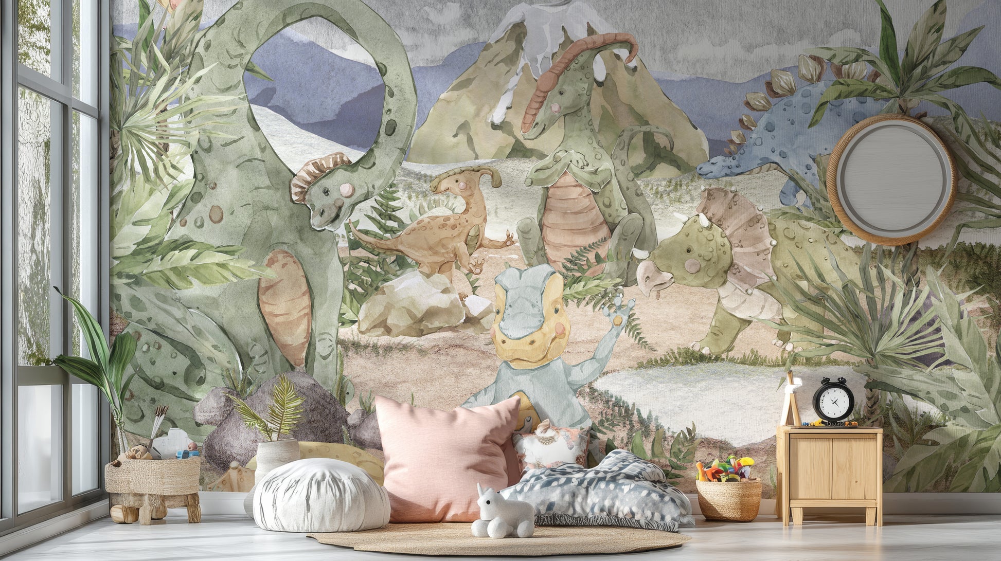 Dinosaur-themed wallpaper with playful designs