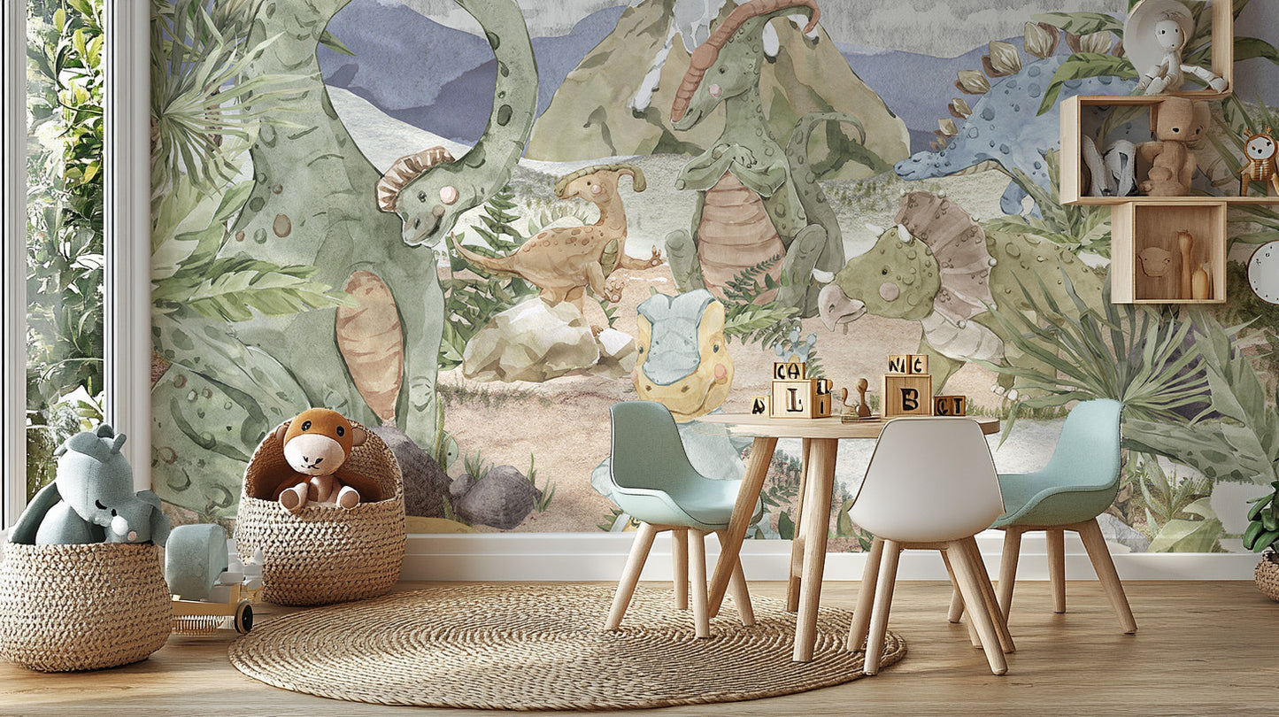 Jurassic world mural with cute dinosaurs