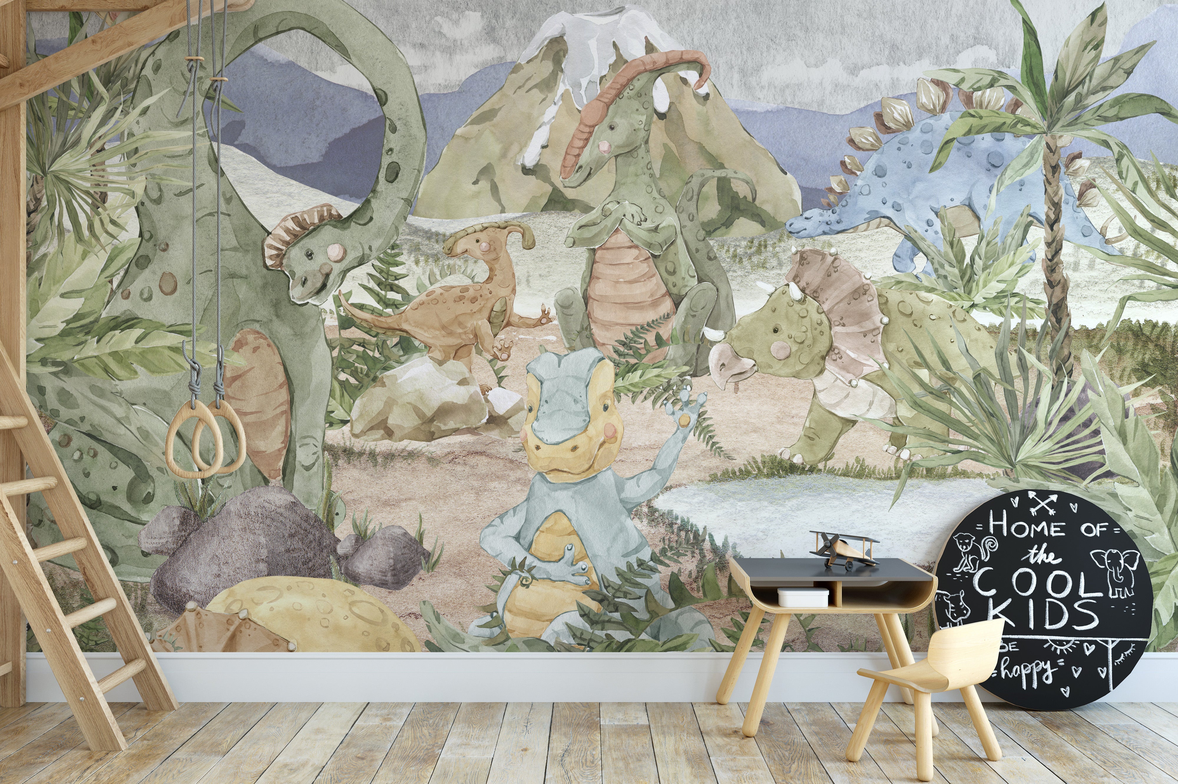 Adventure-filled dinosaur wallpaper mural design