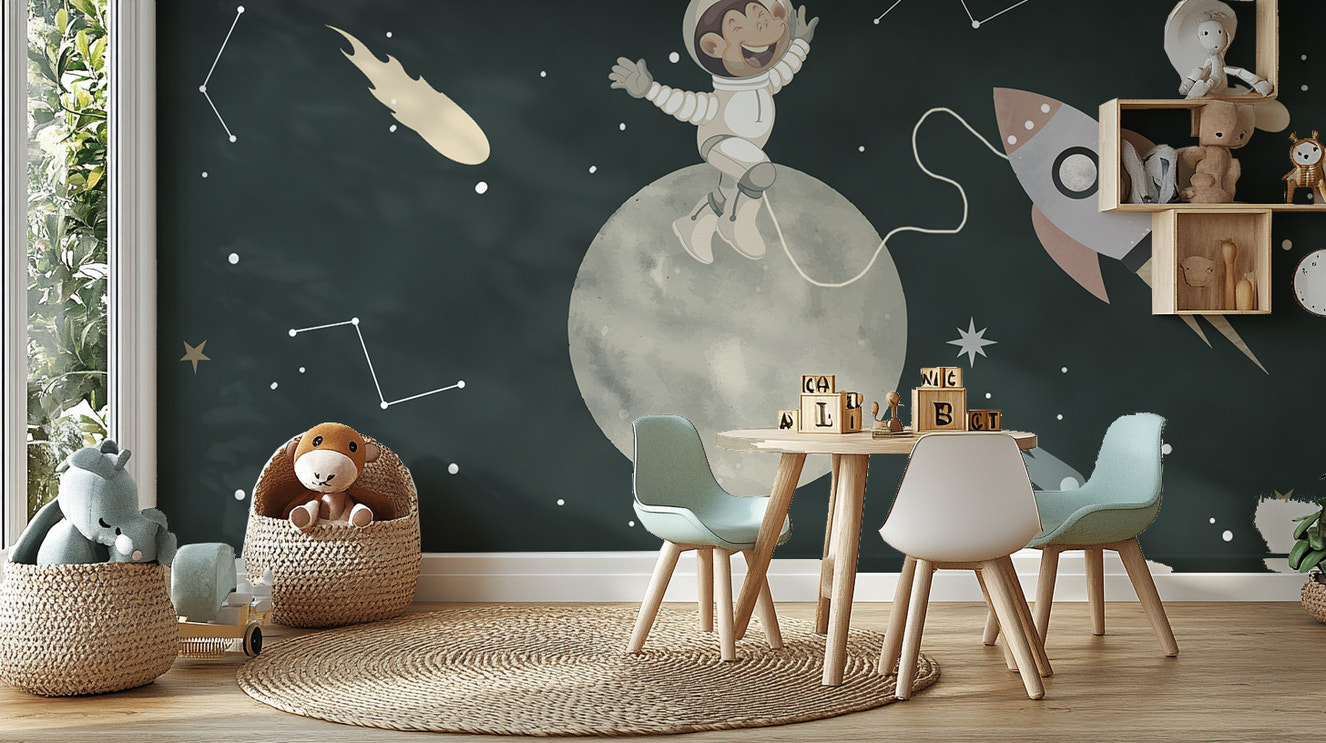 Space pup adventure mural with stars