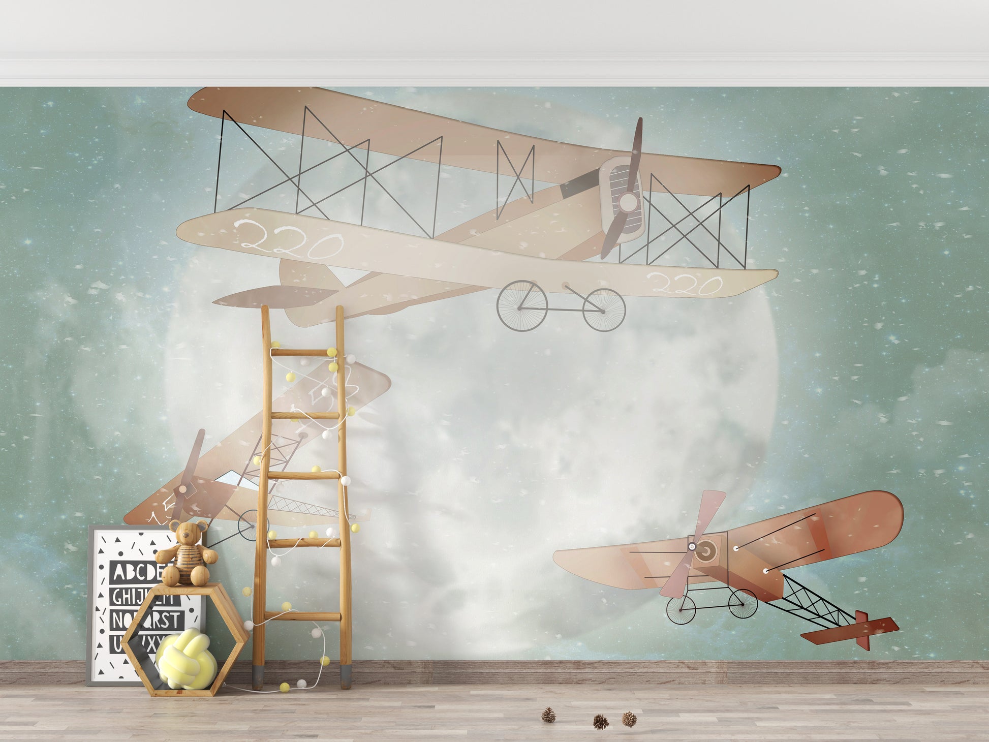 Fun animal pilots in the sky with moon mural