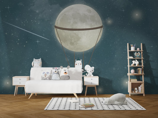 Whimsical cat floating with moon and stars