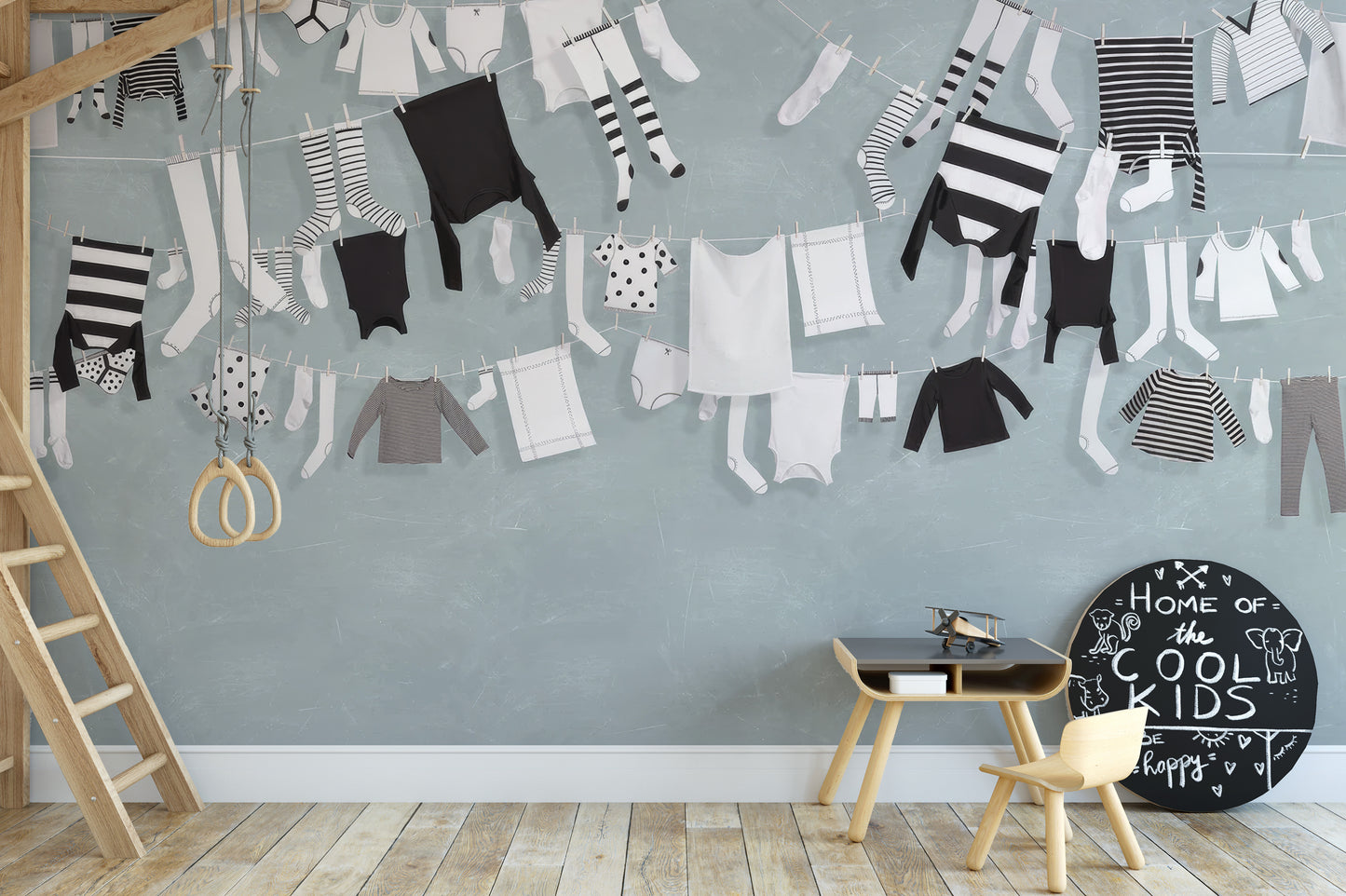 Monochrome hanging laundry wallpaper mural