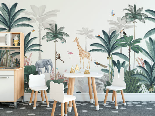 Lush tropical safari mural with vibrant wildlife