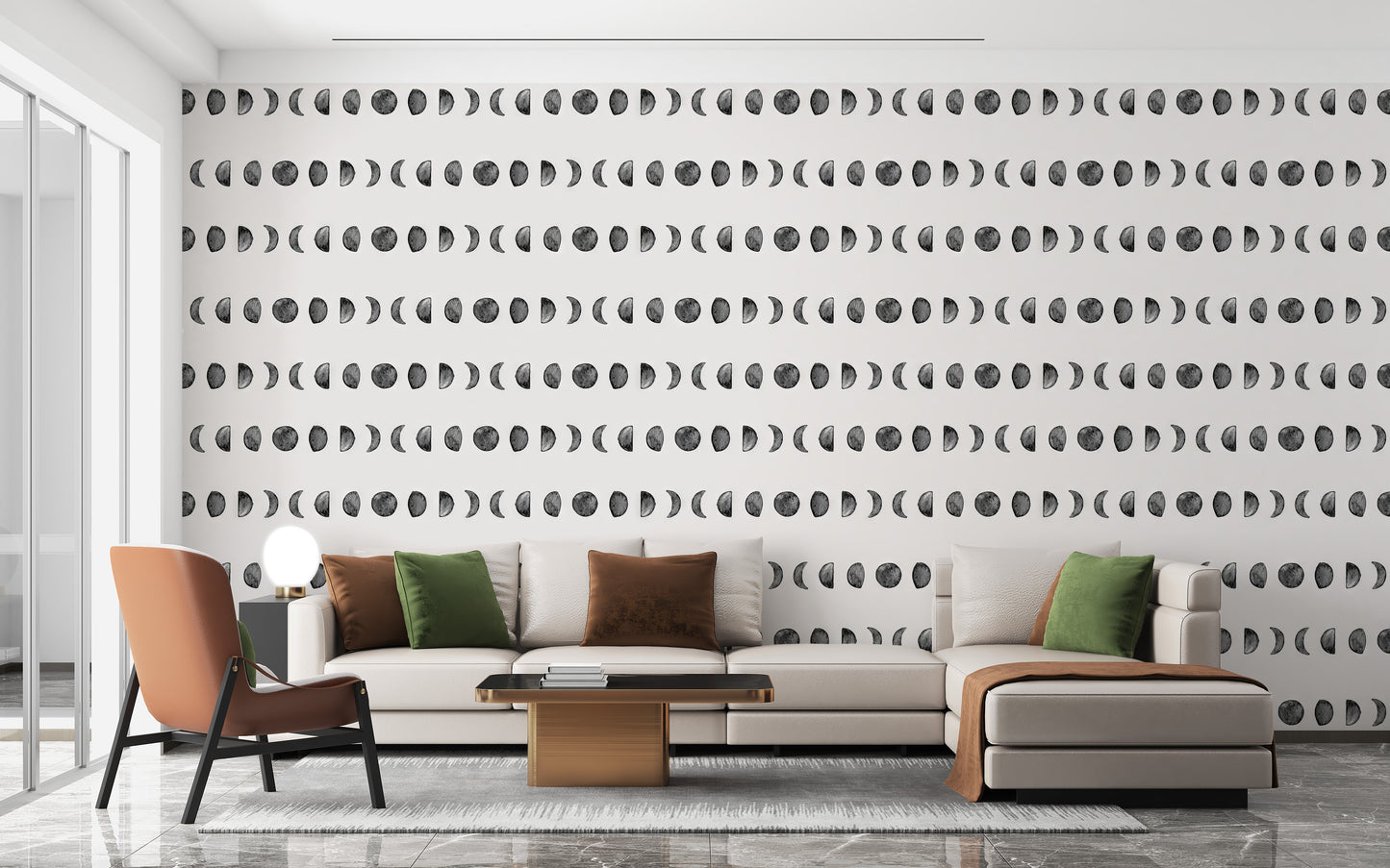 Cosmic lunar cycle wallpaper with gray moons