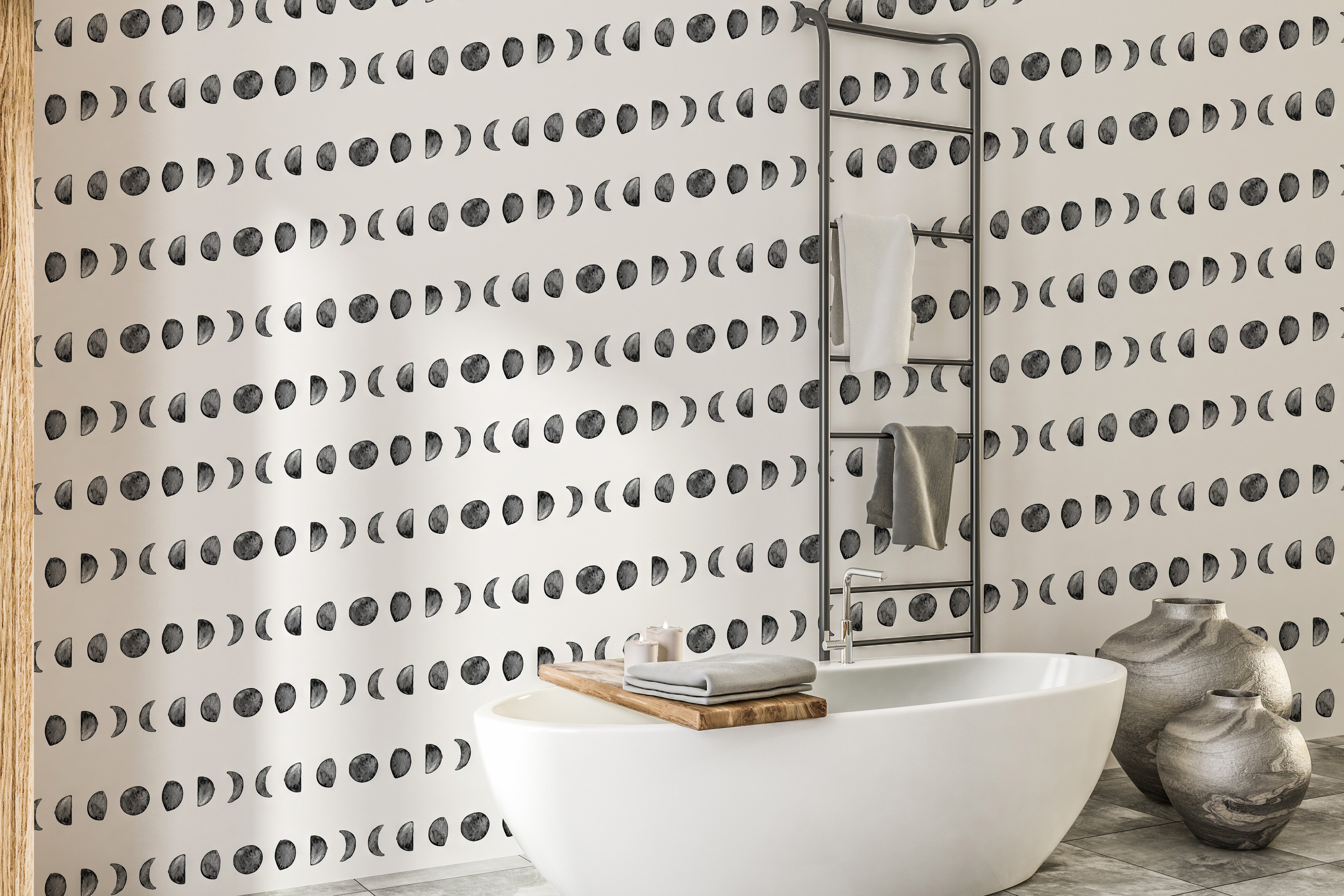 Gray and white lunar phases pattern on wallpaper