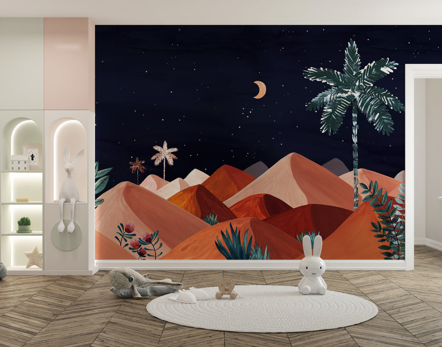 Peaceful night mural with moonlit peaks