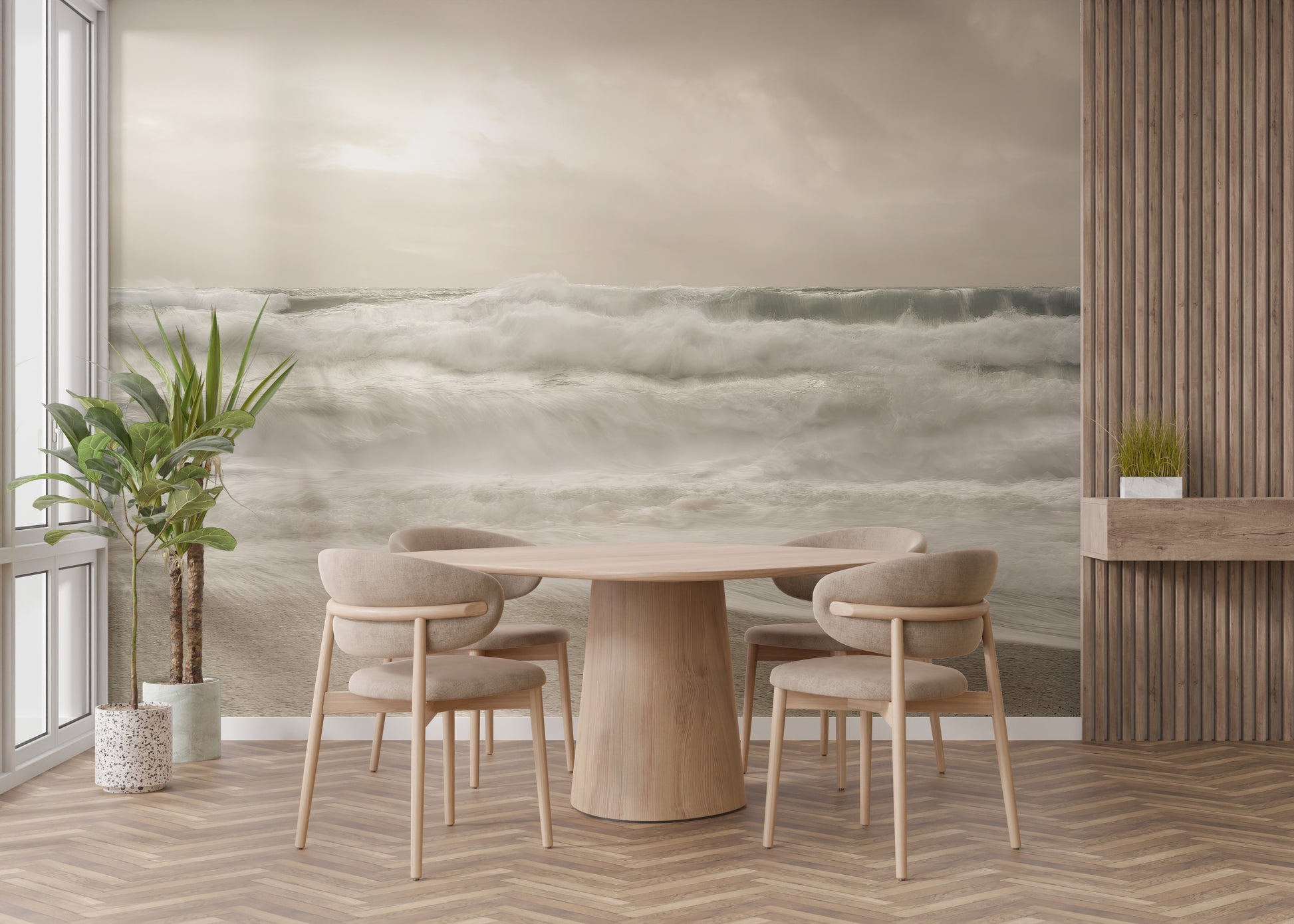 Dynamic ocean waves mural with soft hues