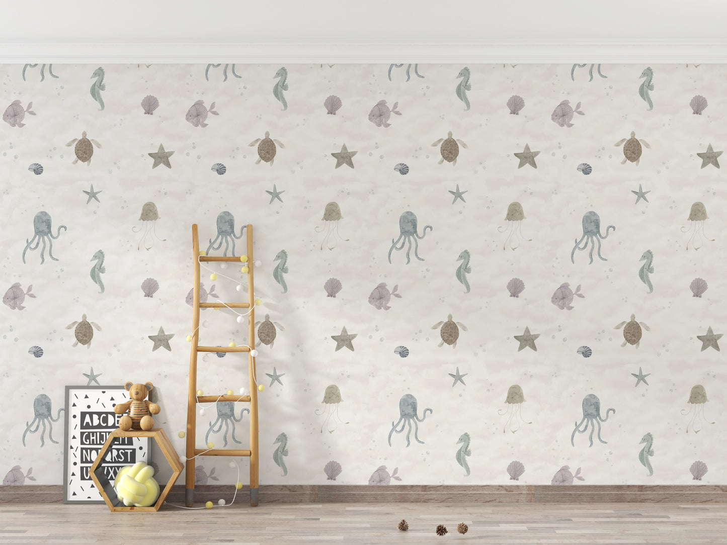 Marine life nursery wallpaper with soft colors