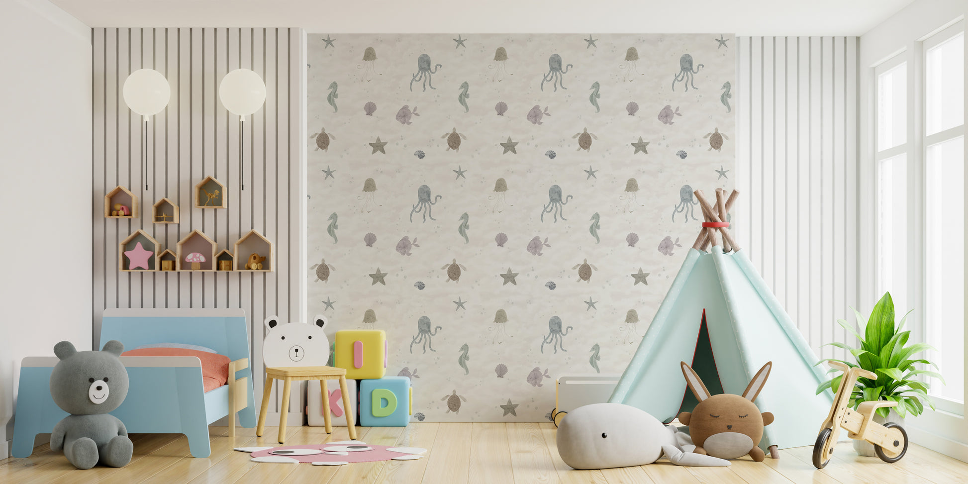 Jellyfish, turtles, and stars in soft wallpaper