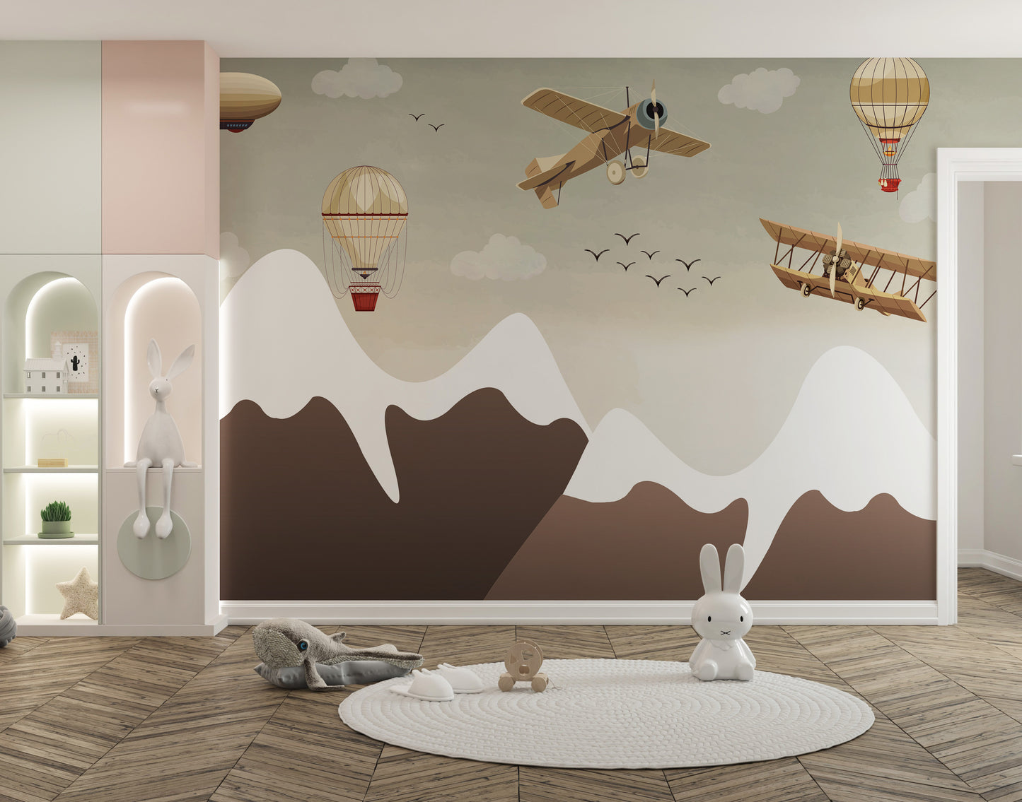 Whimsical flying machines and mountains wallpaper mural