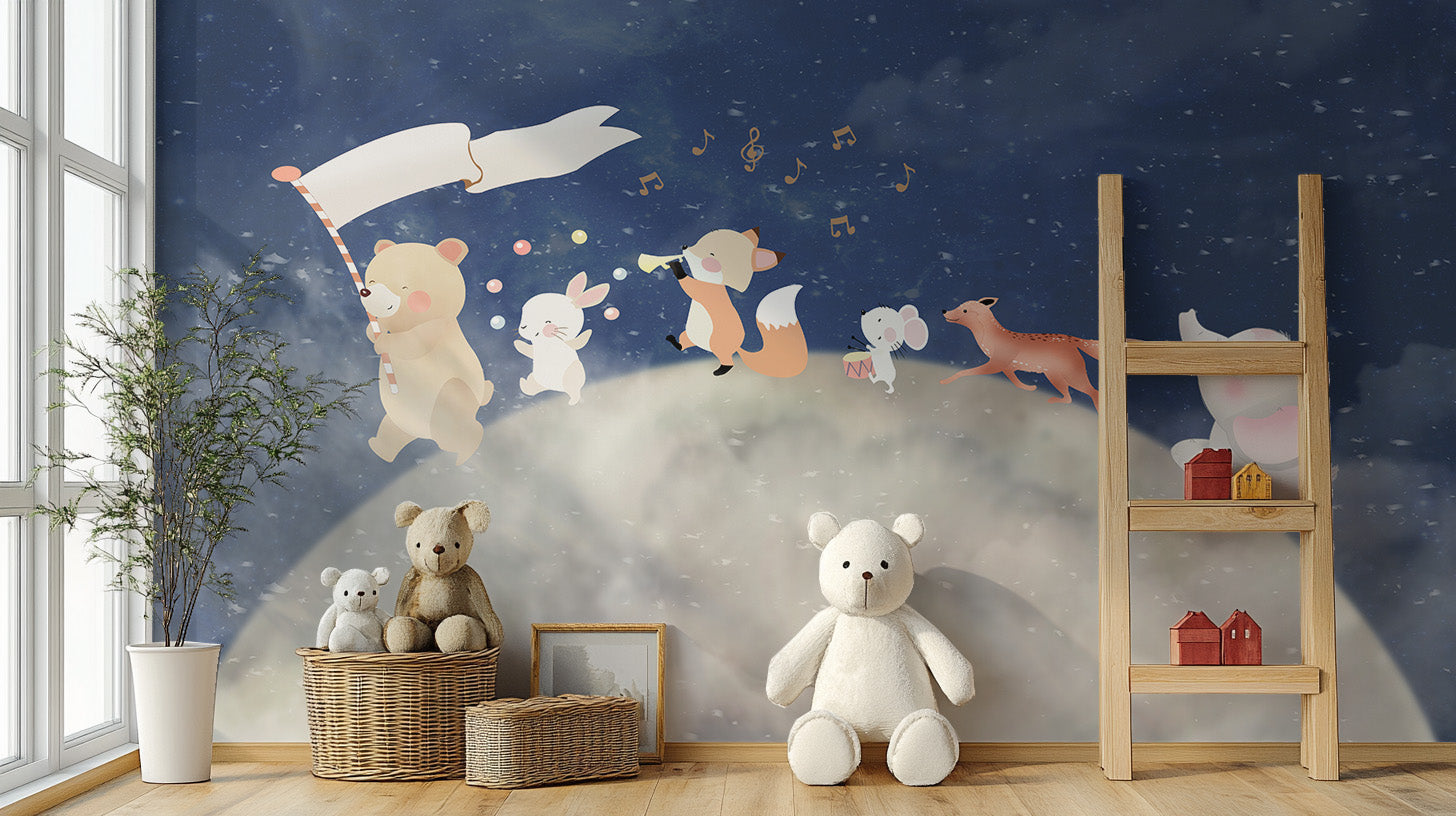 Animals marching through a starry sky wallpaper mural