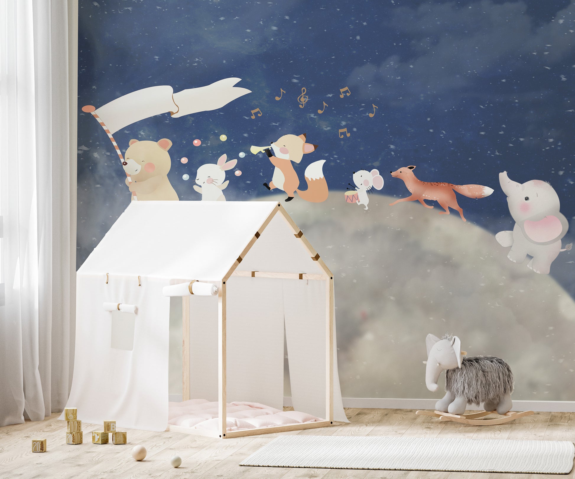 Starry night wallpaper mural with animals and moon