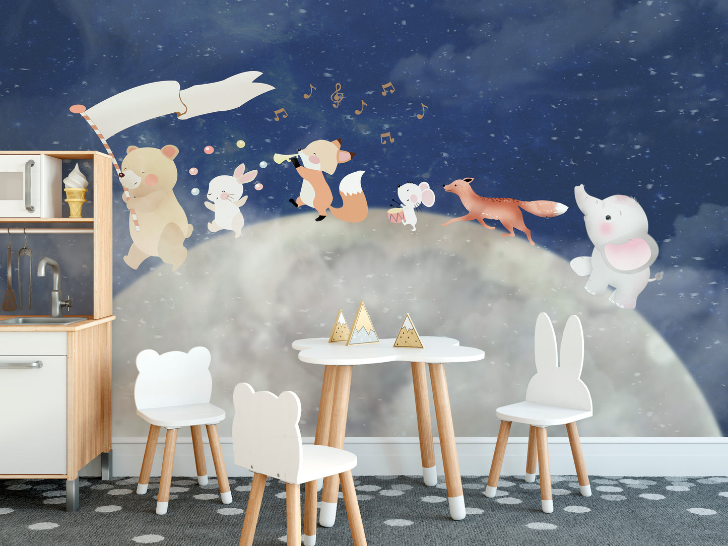 Playful animals on a cosmic adventure wallpaper mural