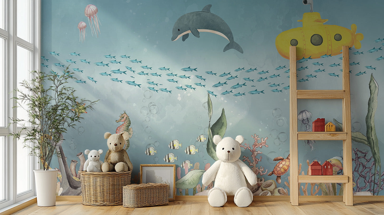 Ocean wallpaper mural with fish, turtles, and bubbles