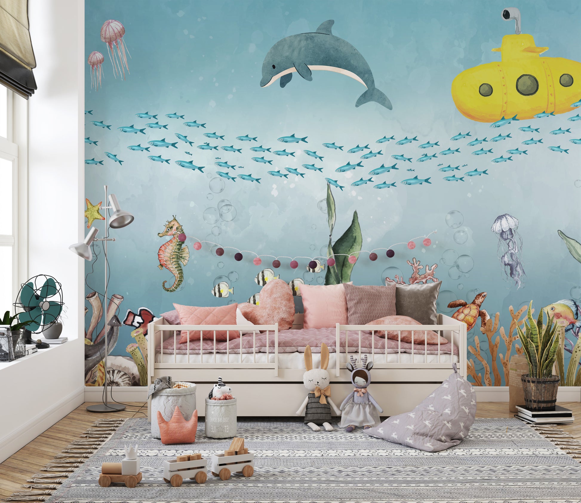 Underwater wallpaper mural with dolphins and fish