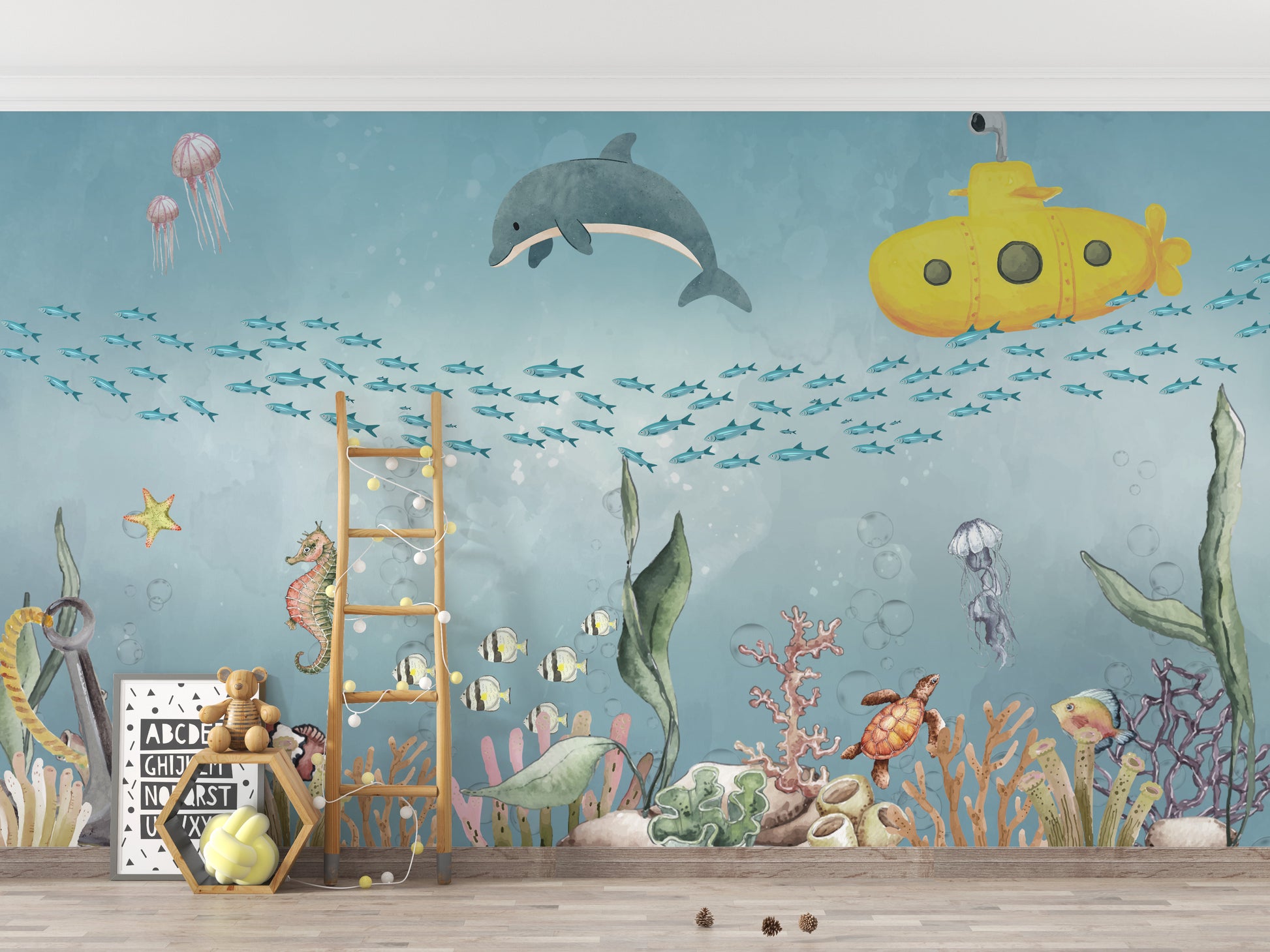 Marine adventure wallpaper mural with jellyfish and fish