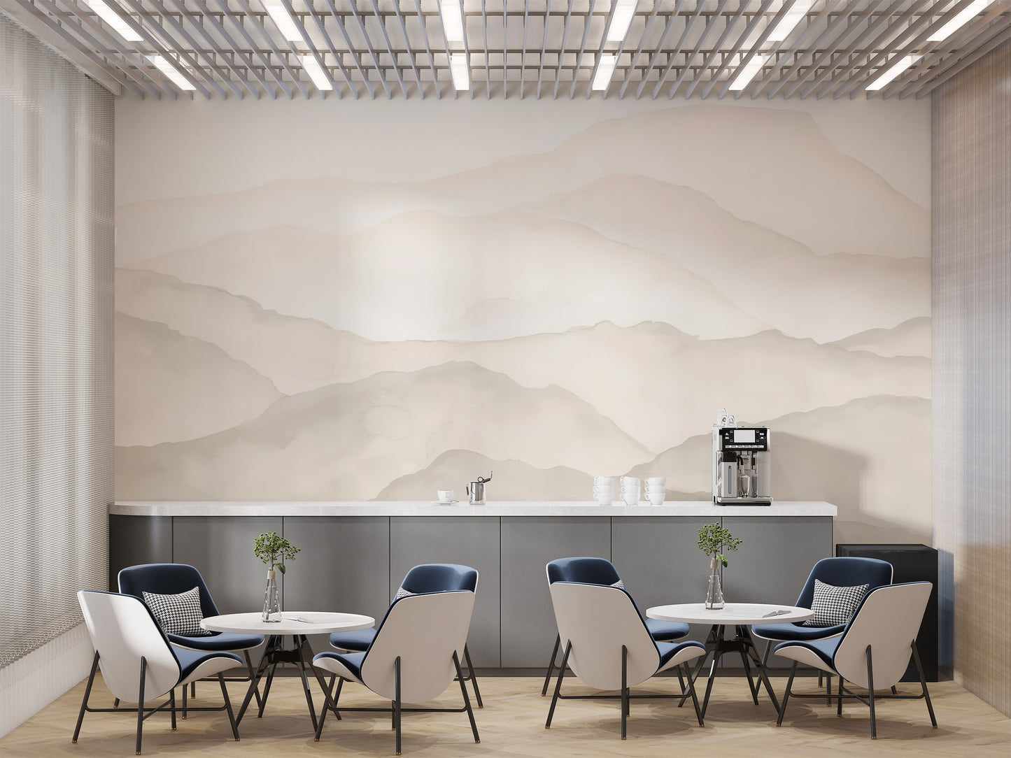 Soft beige mountain wall design with watercolor vibes