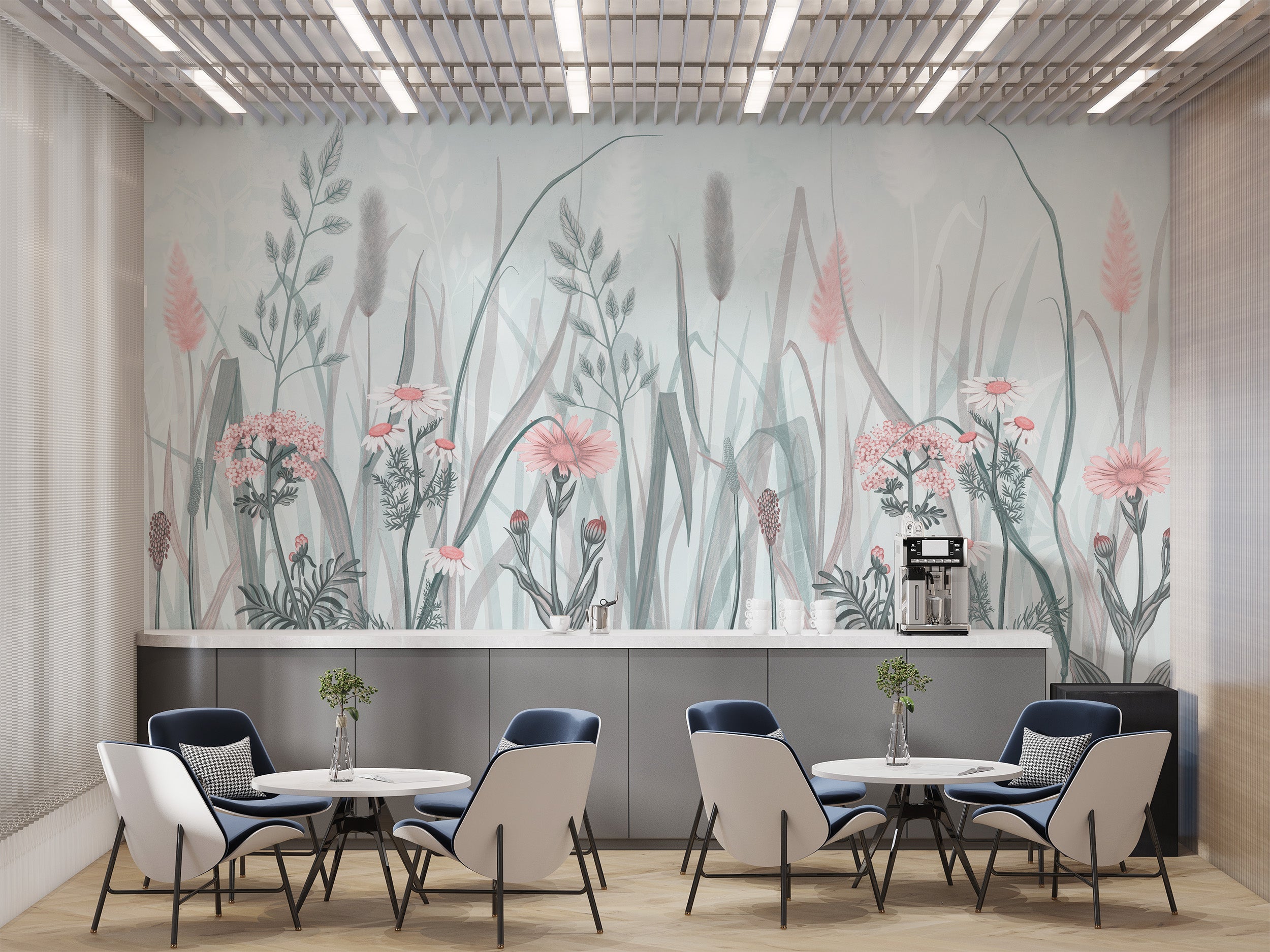 Modern ornate pink flower mural for interiors