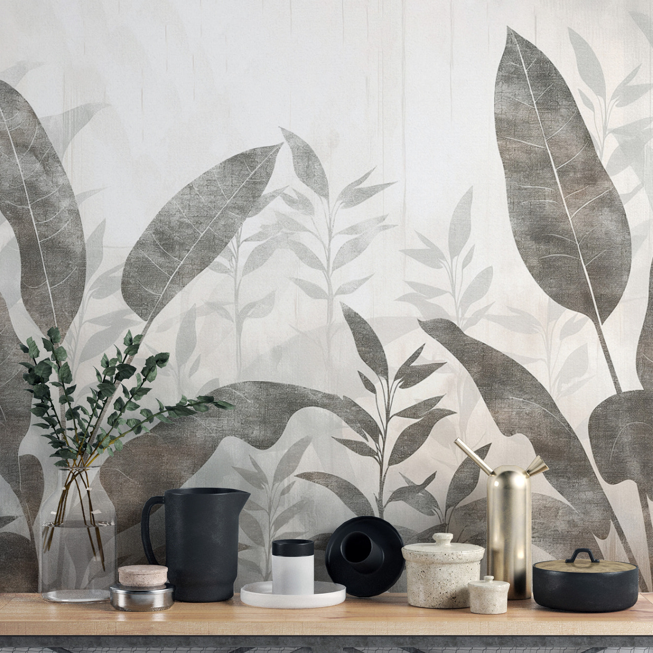 Monochrome tropical leaves wall mural with vintage style
