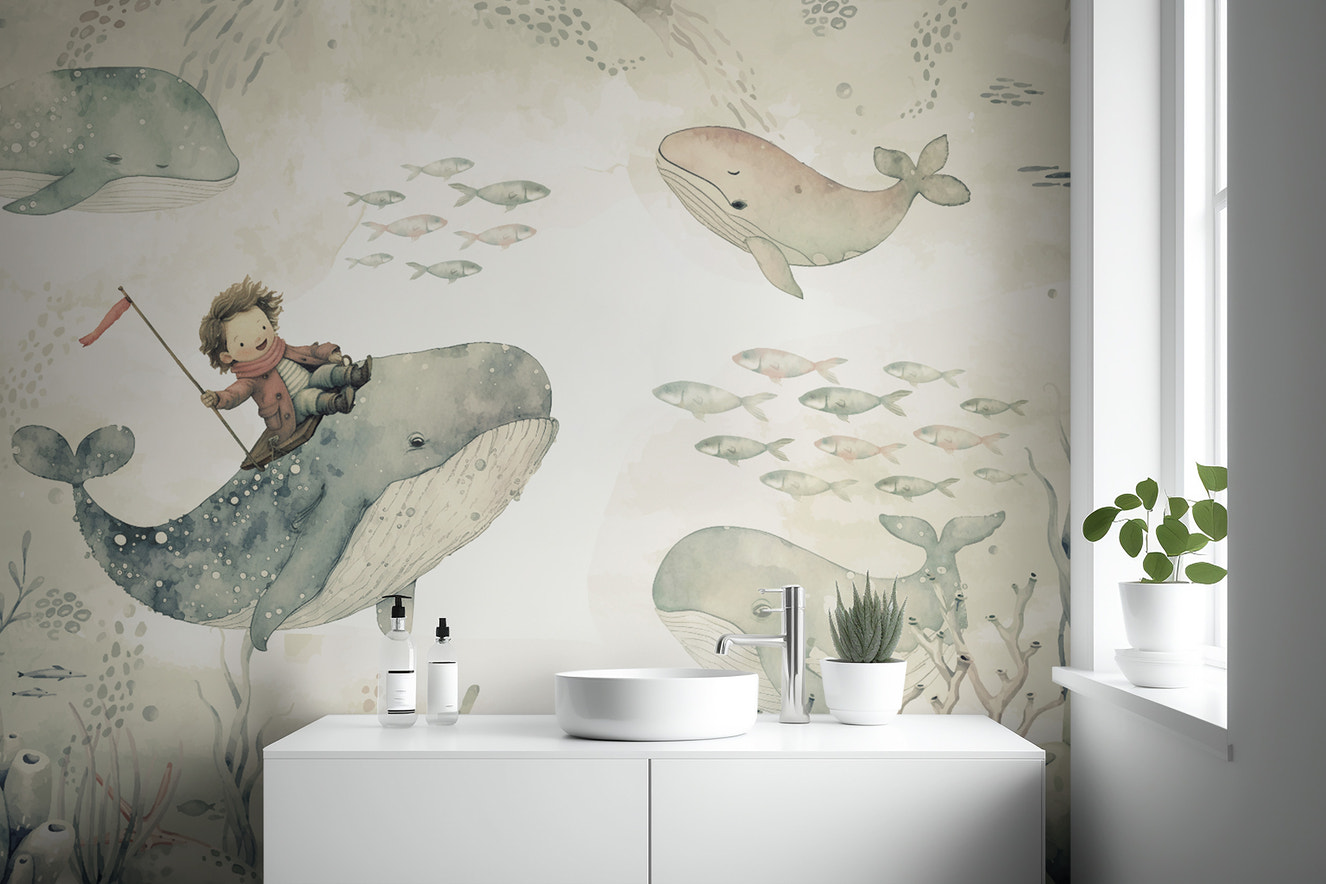 Watercolor whale adventure wallpaper with soft pastel tones
