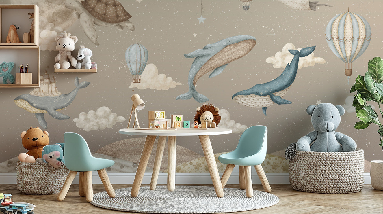 Whimsical flying whales wallpaper with celestial sky
