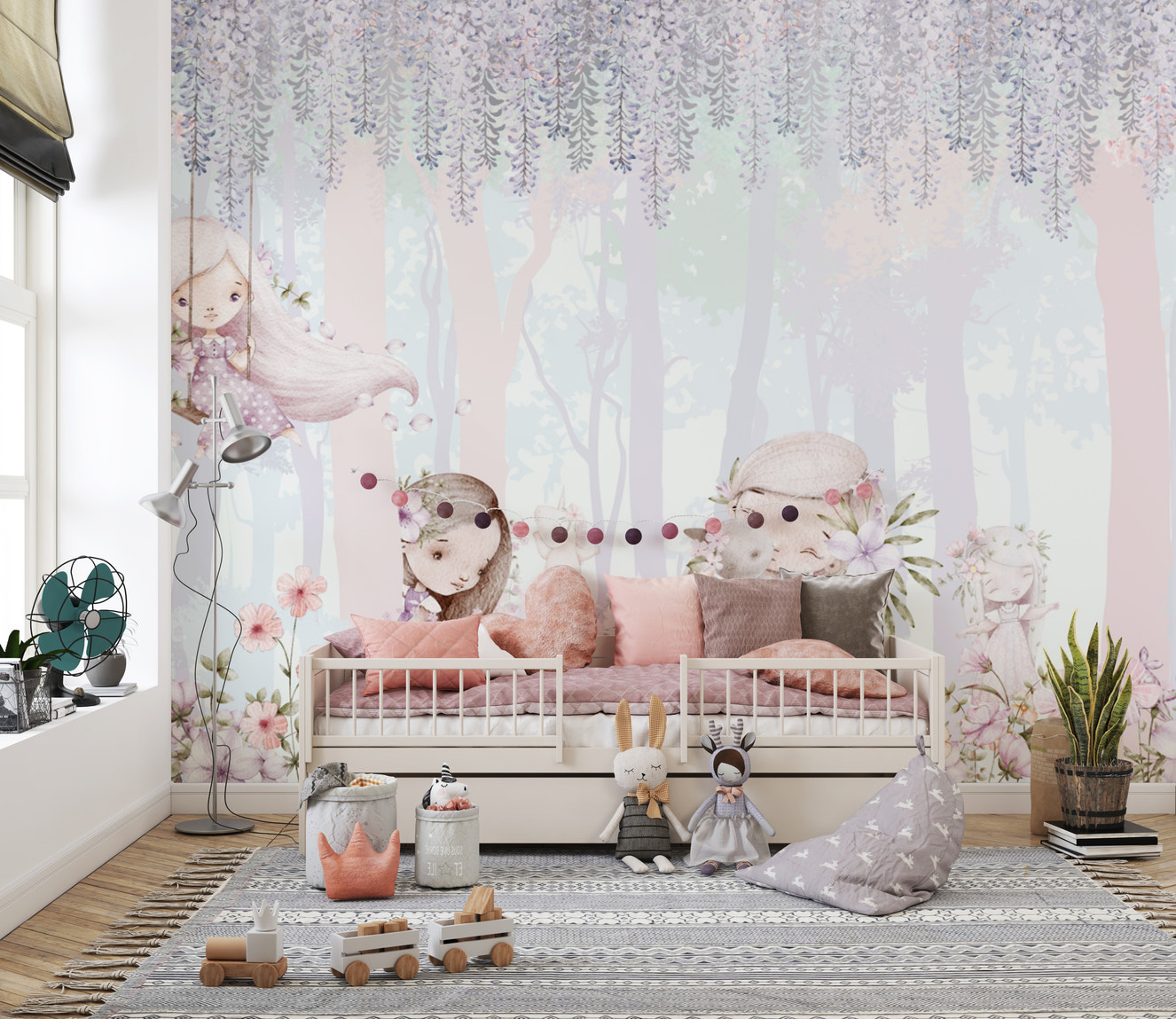 Enchanted Forest Girls Wallpaper with soft pastel florals
