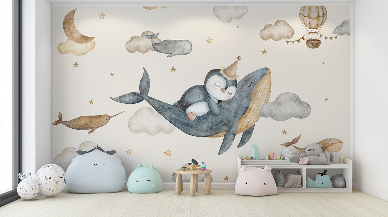 Flying whale nursery wallpaper with dreamy sky
