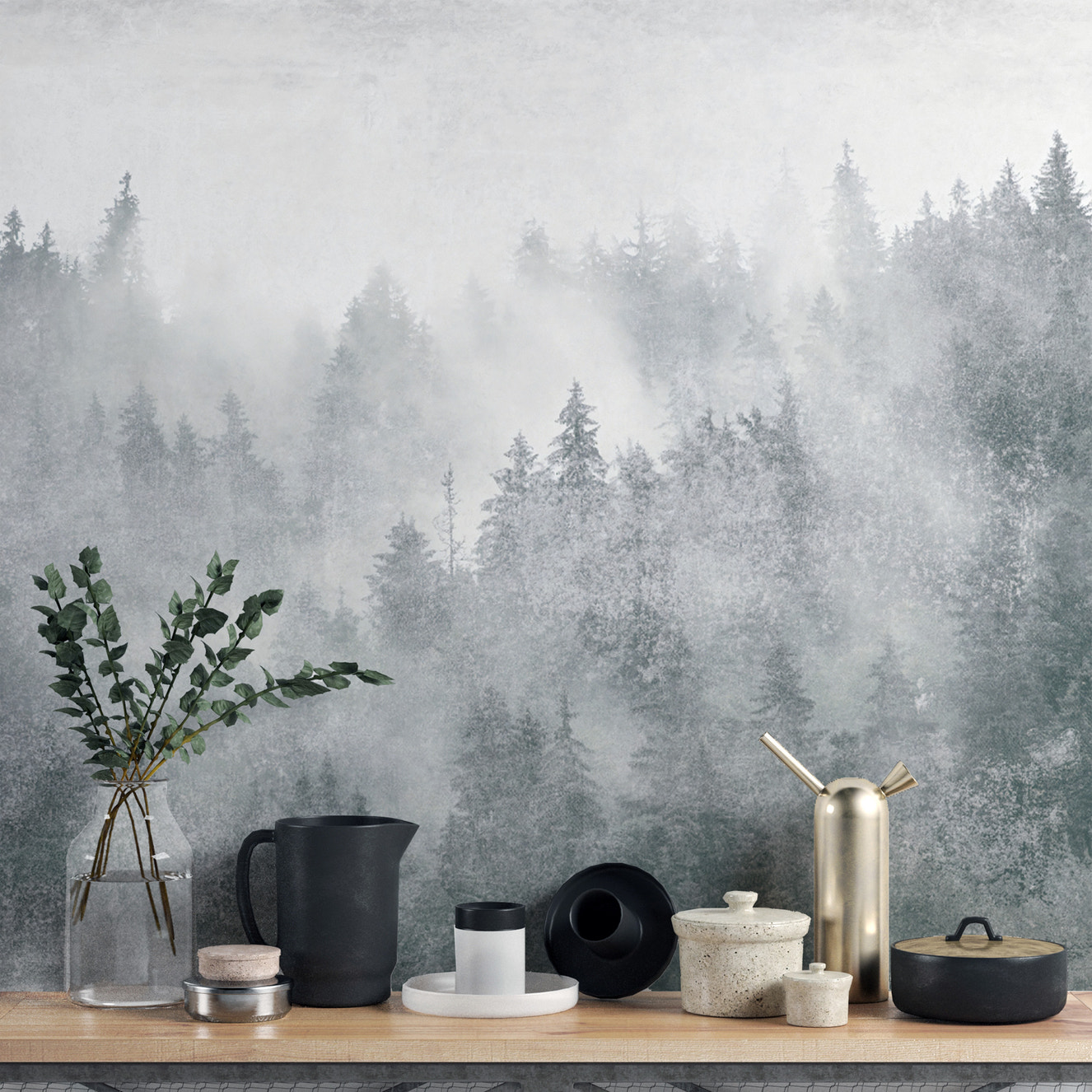 Misty pine forest scenic wallpaper with soft green hues
