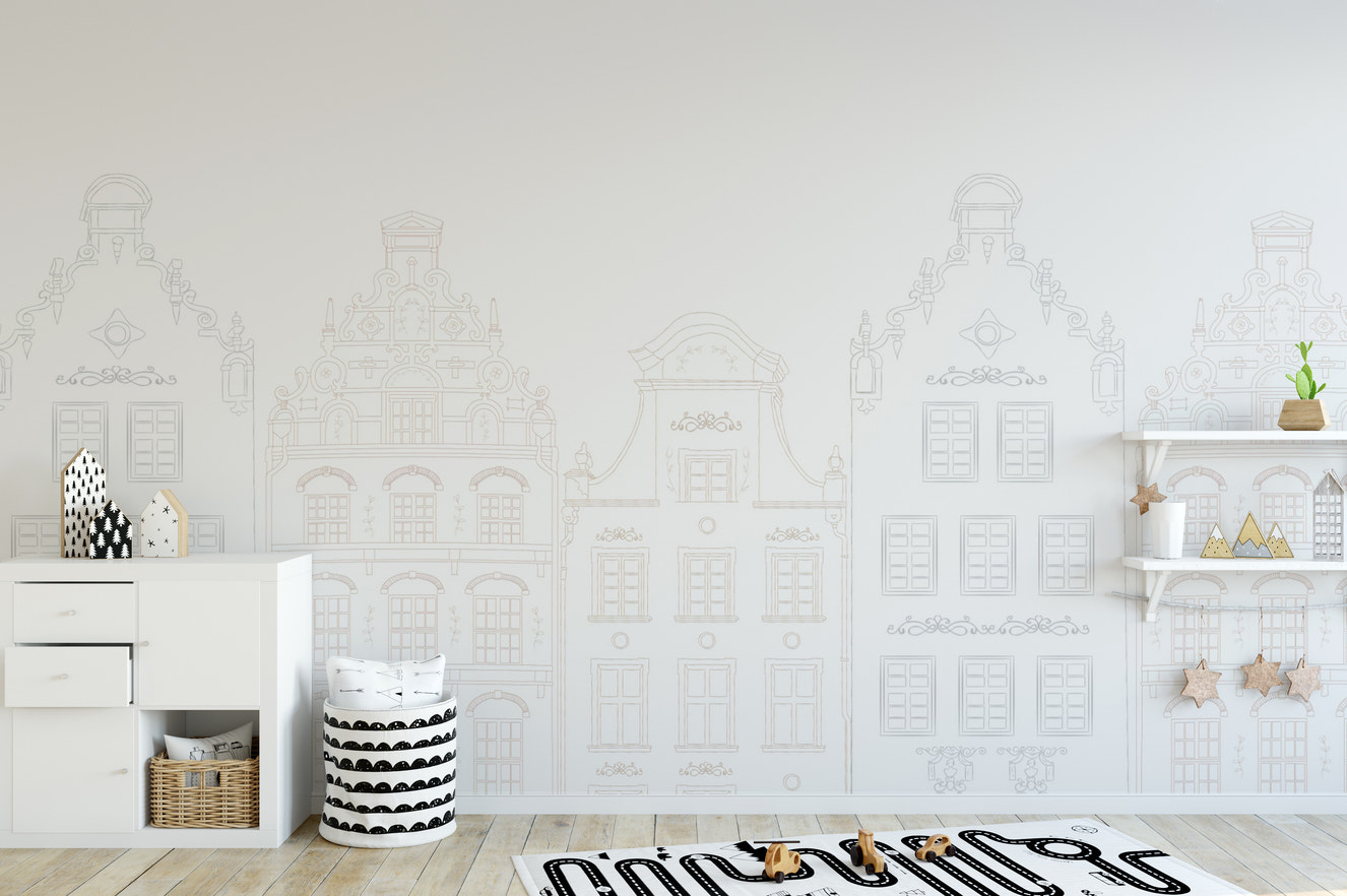 Architectural line art wallpaper in neutral tones
