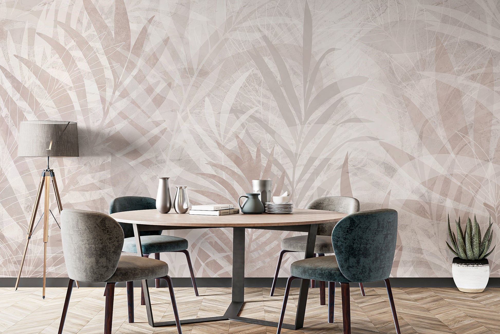 Minimalist leaf-themed wallpaper mural for stylish dining spaces.