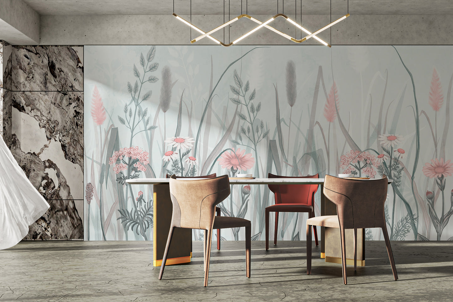 Subtle painted floral mural in elegant pink
