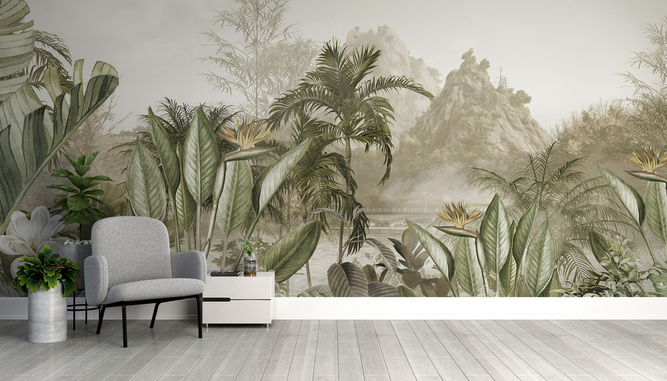 Captivating jungle panorama mural for tranquil living room decor.