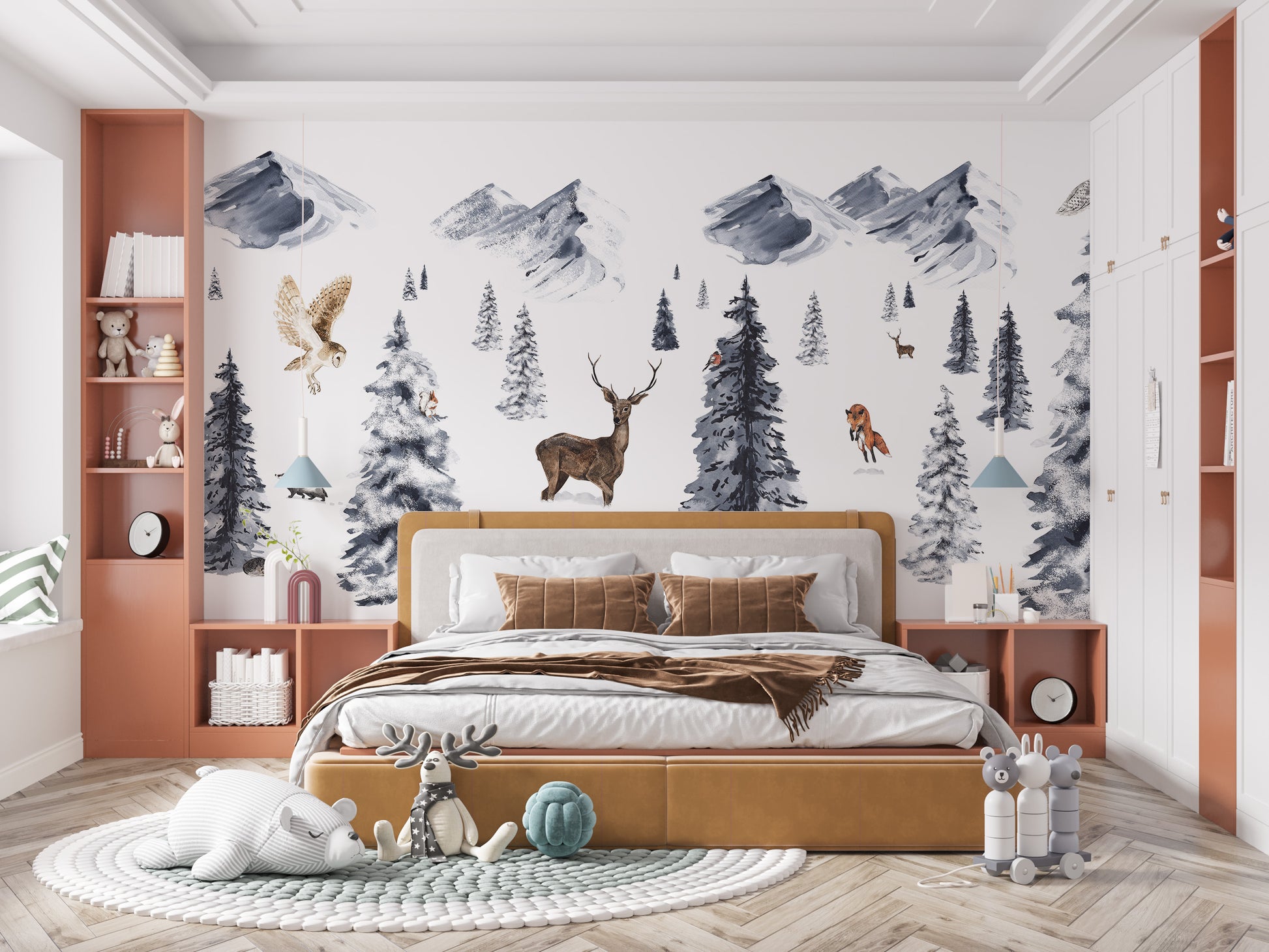 Winter wonderland wallpaper with deer and snowy trees